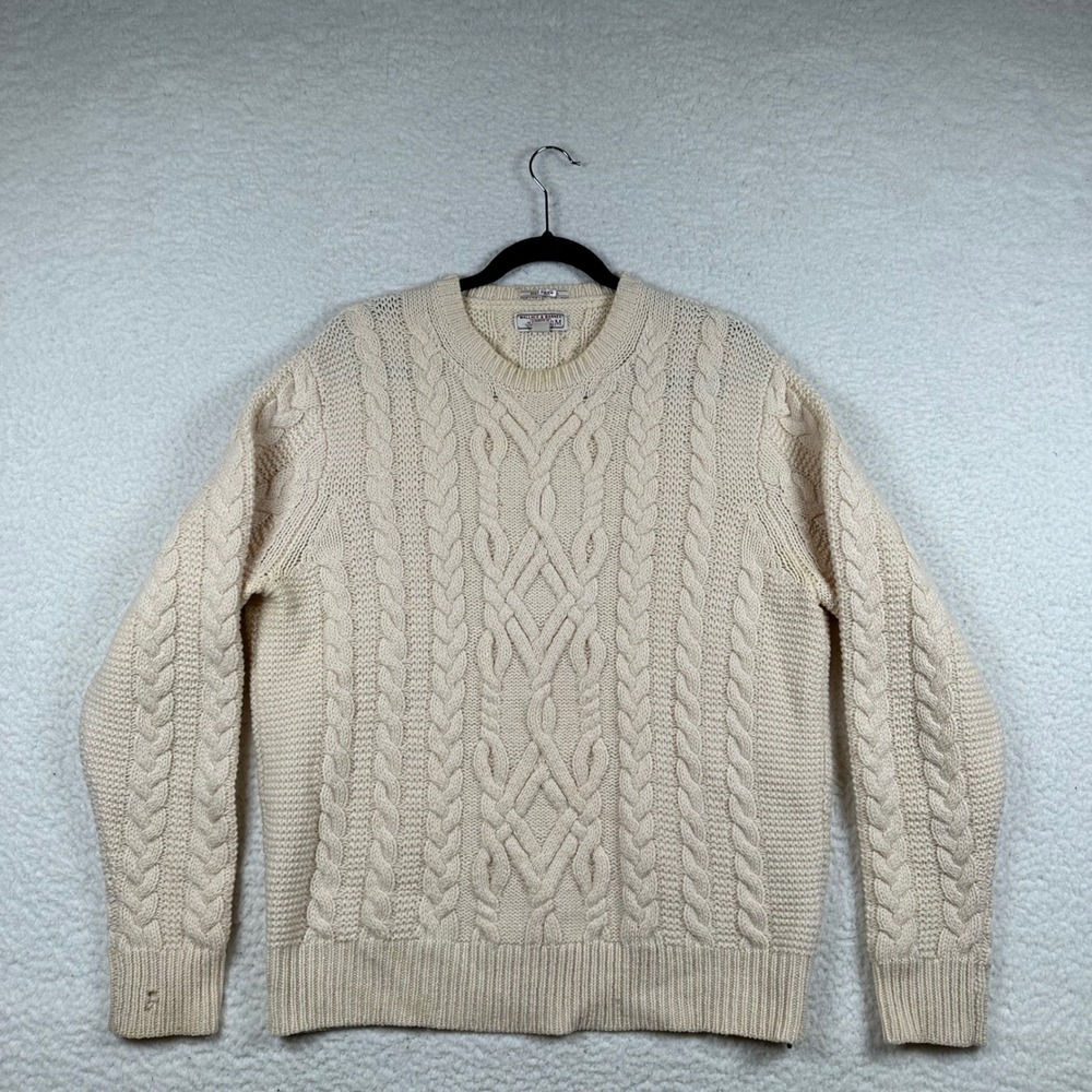 Wallace & Barnes Cable Knit Sweater Men Shetland Wool Fisherman M Cream Academic